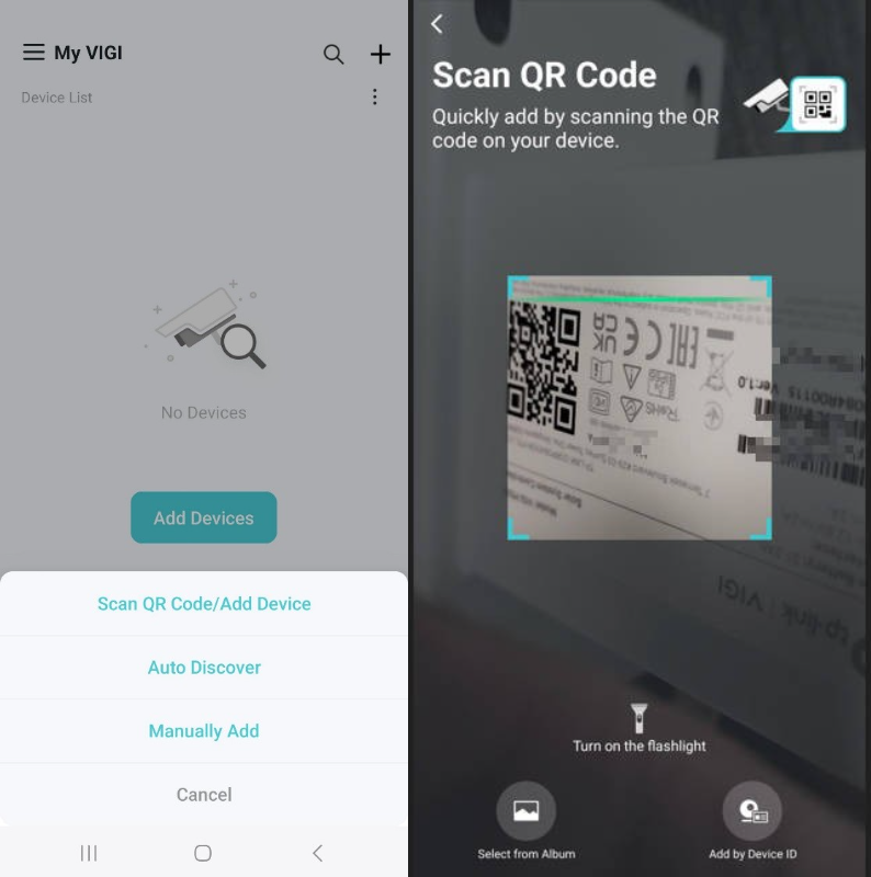 Alt text: screenshots of the VIGI App while selecting Scan QR Code to add a device.