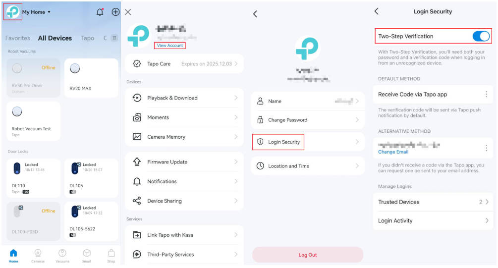 Click the picture in the top left corner to enter the Me page, tap view account, select Login Security and then enable two-step verification.
