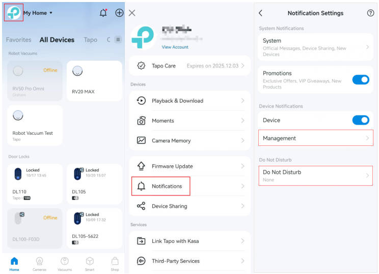 Click the picture in the top left corner to enter the Me page, select Notifications to manage device notifications settings.