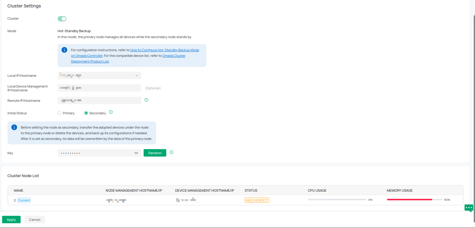 The status of Secondary Node in Cluster Page.