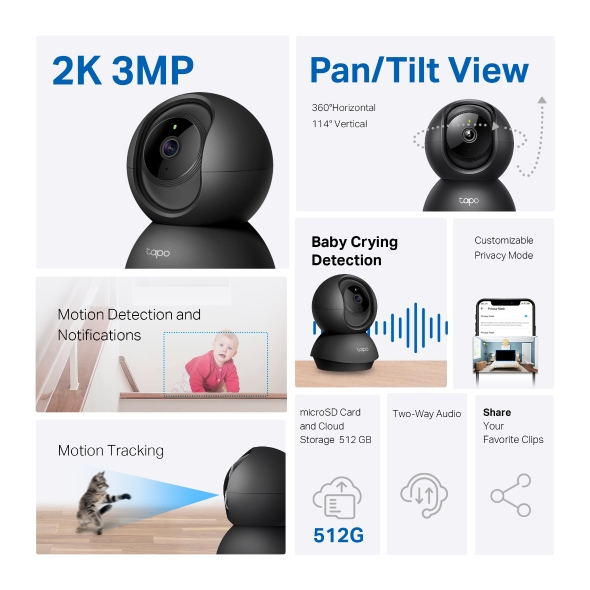 TP-Link Caméra de surveillance WiFi panoramique et inclinable (TAPO C200)