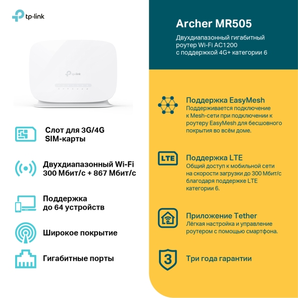 Двухдиапазонный гигабитный роутер Wi‑Fi AC1200 с поддержкой 4G+ категории 6 4