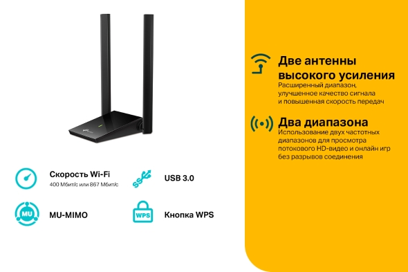 Двухдиапазонный USB‑адаптер высокого усиления с поддержкой Wi-Fi AC1300 и двумя антеннами 5