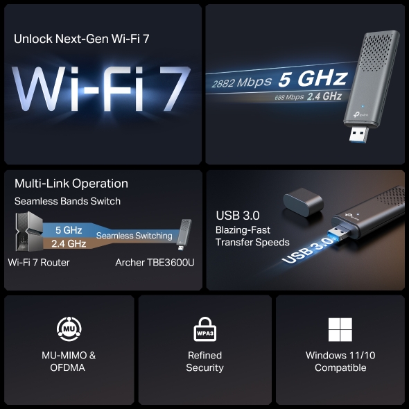 BE3600 Dual Band Wi-Fi 7 Wireless USB Adapter