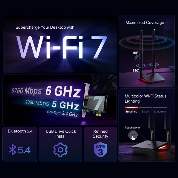 Plava de Rede PCIe Wi-Fi 7 BE9300 com Bluetooth 5.4 PCIe Adapter 4