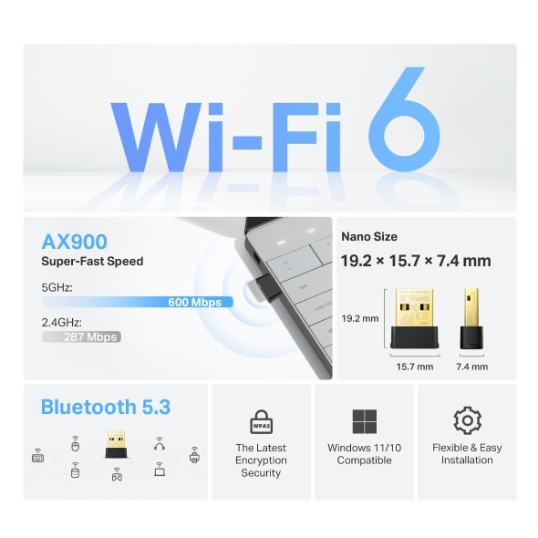 Nano adattatore USB Wi-Fi 6 AX900 e Bluetooth 5.3 6