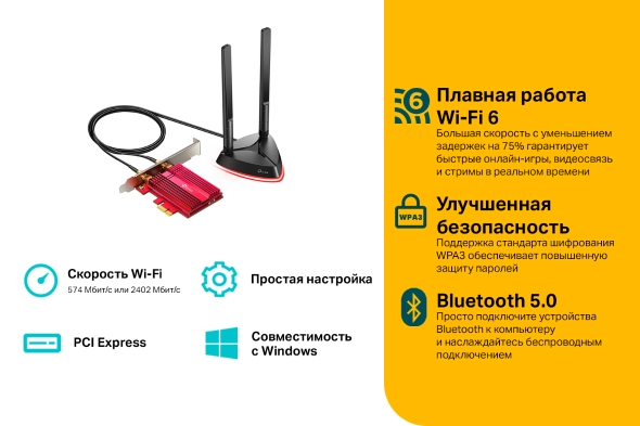 AX3000 Двухдиапазонный беспроводной PCI Express-адаптер Wi-Fi 6 с поддержкой Bluetooth 5.0 4