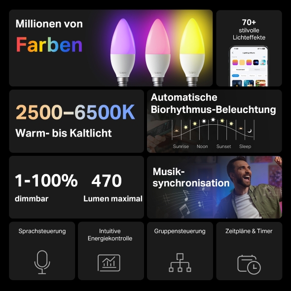 Smarte Glühbirne, vielfarbig, Sockel E14