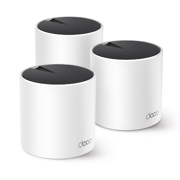 Three white TP-Link Deco X55 mesh Wi-Fi units
