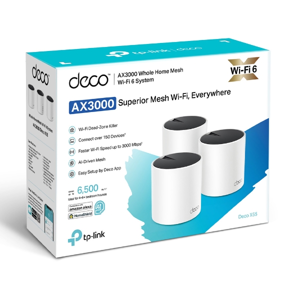  TP-Link Deco AX3000 WiFi 6 Mesh System (Deco X55) - Cubre hasta  6500 pies cuadrados. Sustituye al enrutador y extensor inalámbrico, 3  puertos Gigabit por unidad, soporta backhaul Ethernet (paquete de 