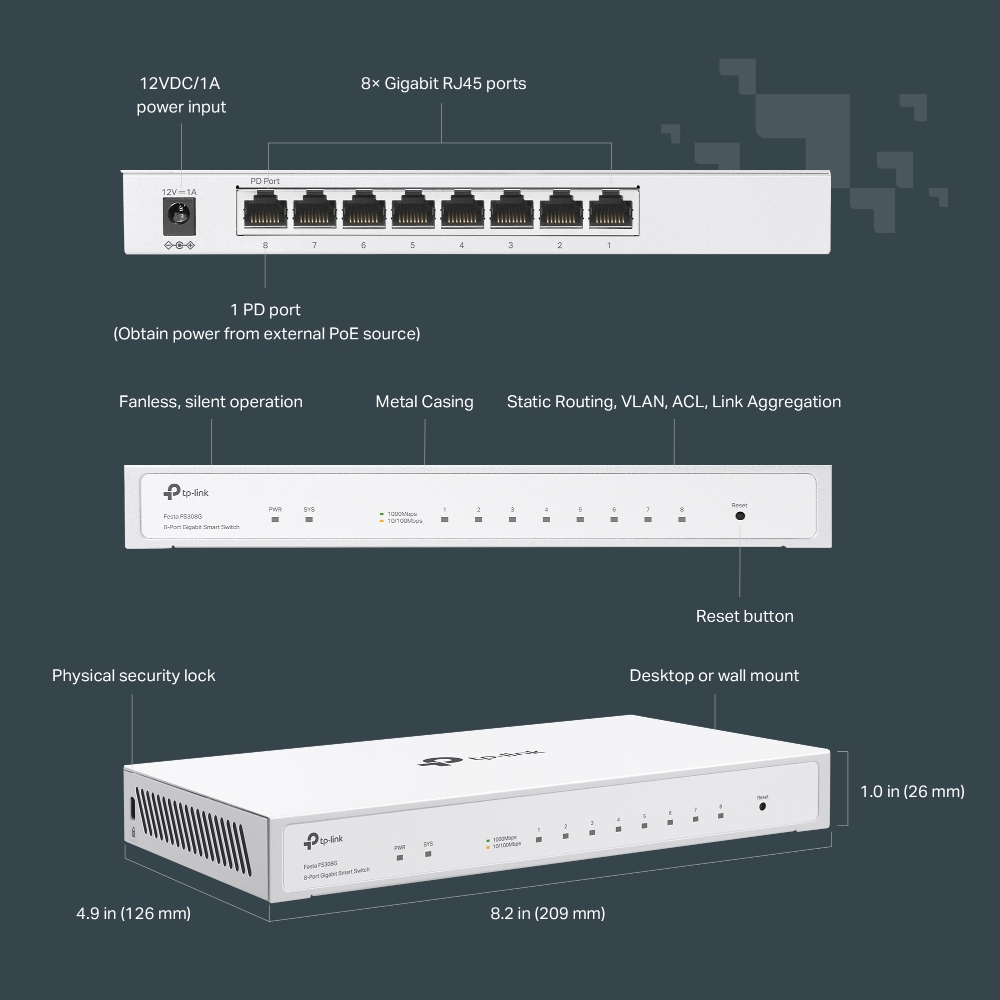 TP-Link Festa Festa FS308G 8-Port Gigabit Switch, Optional PoE Input Port, Free Cloud Management, Static Routing, VLAN, ACL, IGMP Snooping, Fanless Design