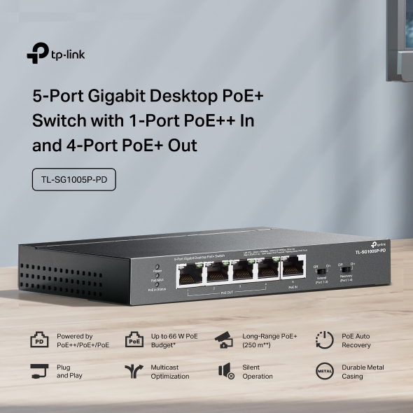 5-Port Gigabit Desktop PoE+ Switch with 1-Port PoE++ In and 4-Port PoE+Out 6