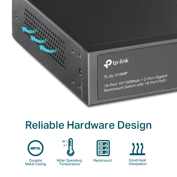 16-Port 10/100 Mbps + 2-Port Gigabit Rackmount Switch with 16-Port PoE+ 8