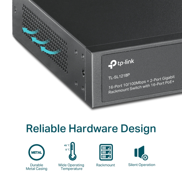 16-Port 10/100 Mbps + 2-Port Gigabit Rackmount Switch with 16-Port PoE+ 8