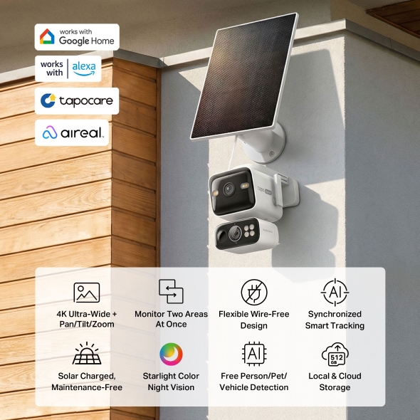 Système de surveillance extérieure : caméra double objectif 4K AOV panoramique/inclinable + panneau solaire 3