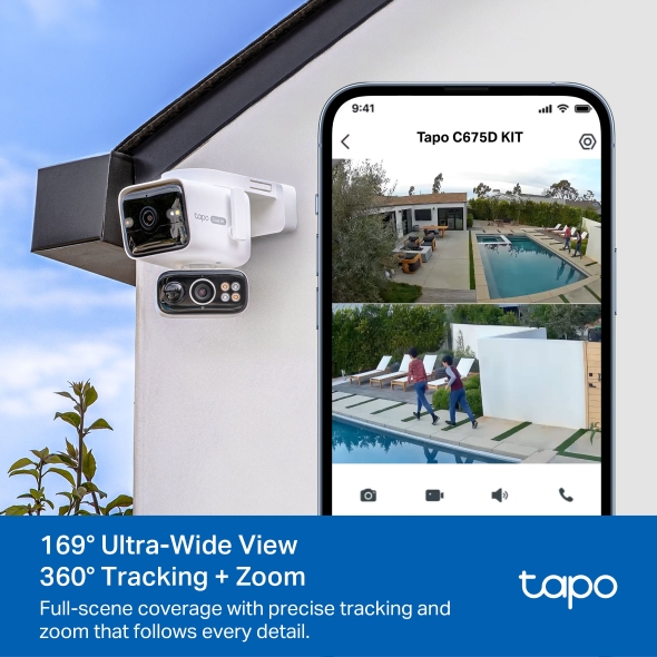 Système de surveillance extérieure : caméra double objectif 4K AOV panoramique/inclinable + panneau solaire 4