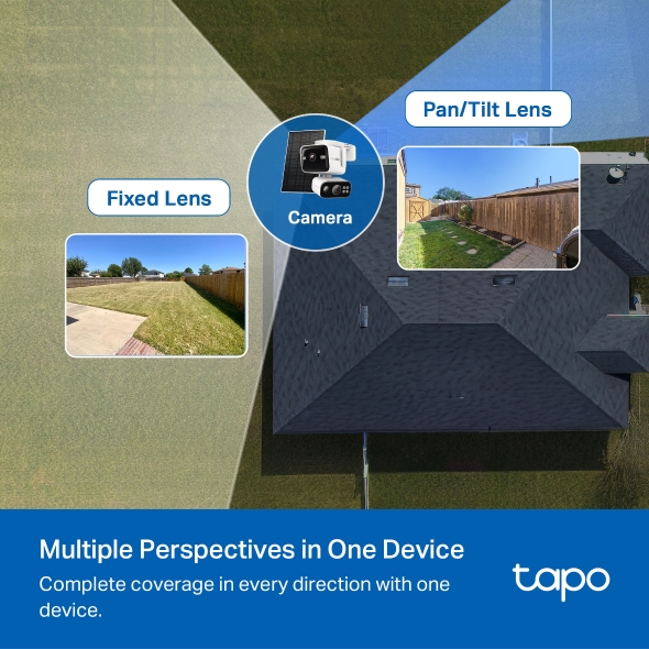 Système de surveillance extérieure : caméra double objectif 4K AOV panoramique/inclinable + panneau solaire 5