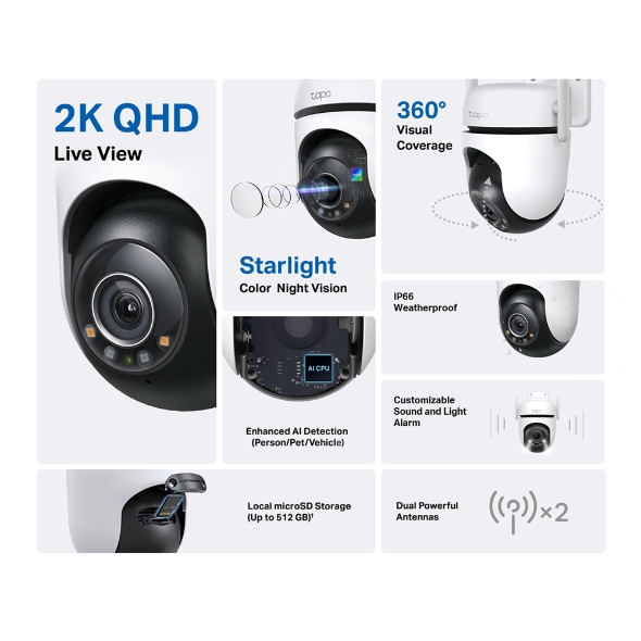 TP-LINK Tapo C520WS 2K QHD CCTV Al Aire Libre Pan/Tilt Seguridad Cámara  Wi-Fi Starlight Color De Visión Nocturna IP66 Control De Voz IP-Cam TPLINK