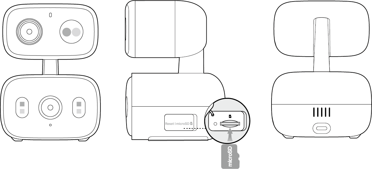 Camera appearance image showing the front, side, and back views from left to right.