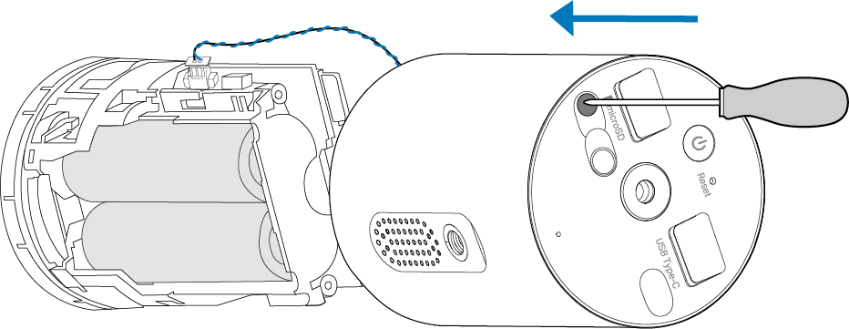 Displays how to pull out the battery compartment.