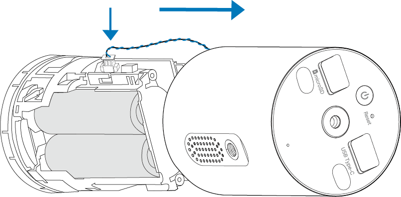 Displays how to plug the speaker wire back in and slide the battery compartment back into the housing.