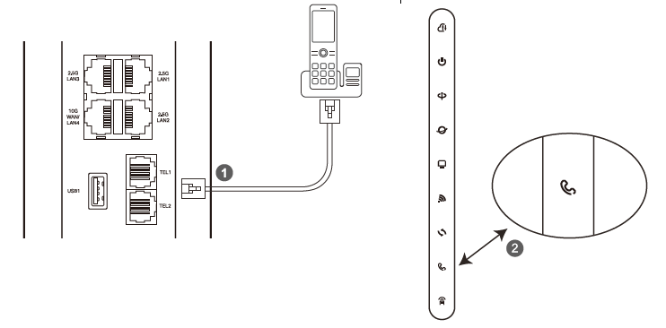 TEL1 and TEL2 are two small, square-shaped ports connected together. TEL1 is above TEL2.