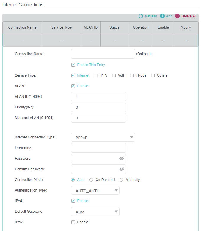 Advanced > Network > GPON WAN page, where you can click the add icon