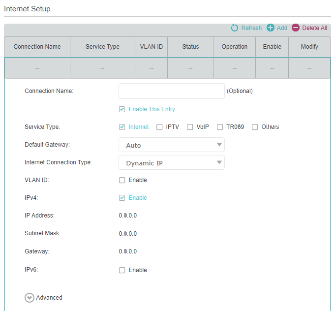 Advanced > Network > EWAN page, where you can enable EWAN Connection