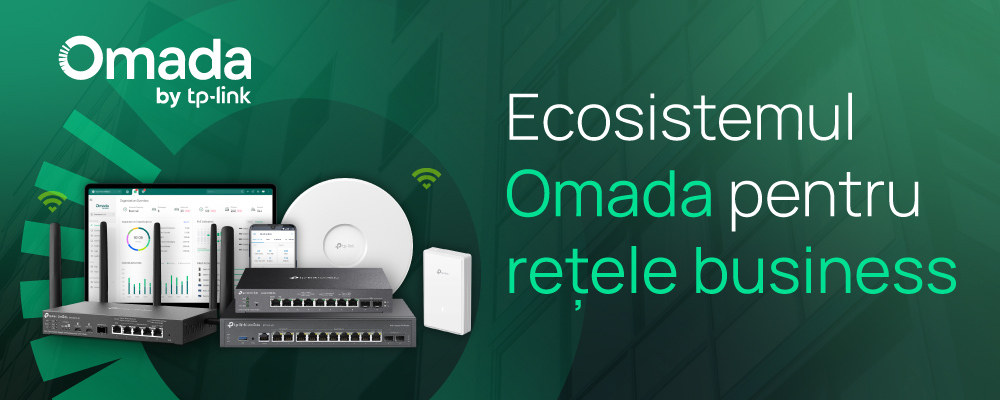 Key Visual în tematica brandului; fundal verde, logo Omada by TP-Link în stânga sus, imagini cu echipamentele menționate în articol în jumătatea din stânga, titlul în dreapta