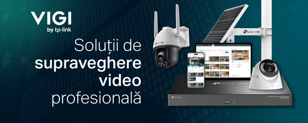 Key visual cu logo VIGI by TP-Link în stânga sus, titlul în jumătatea stângă, un aranjament de produse VIGI și interfețe mobil și desktop în dreapta. Fundal cu un gradient verde închis și o imagine stock a unei clădiri.
