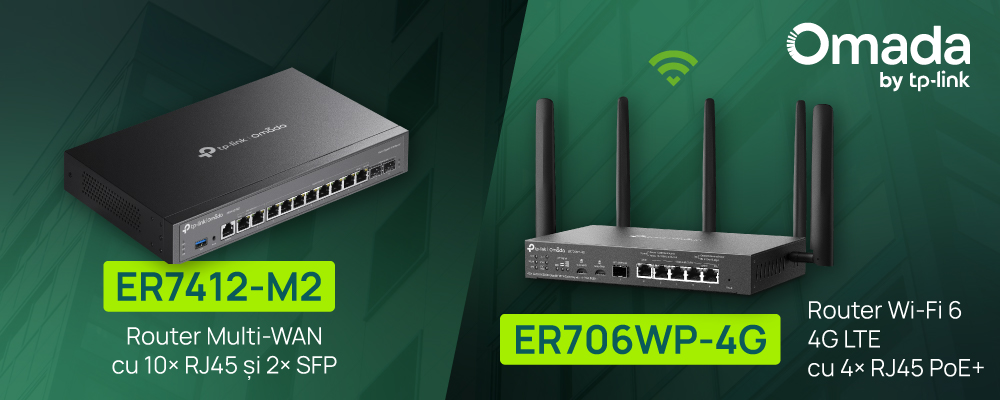 Fundal verde în ton cu brandingul, logo Omada by TP-Link în dreapta sus; imagini de produs cu cele două routere, ER7412-M2 în jumătatea stângă și ER706WP-4G în jumătatea dreaptă.