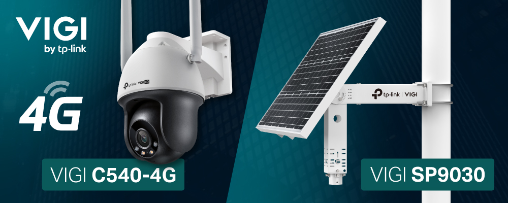 VIGI by TP-Link în stânga sus, camera VIGI C540-4G în jumătatea stângă, panoul solar VIGI SP9030 în dreapta. Fundal cu un gradient verde închis și o imagine stock a unei clădiri.