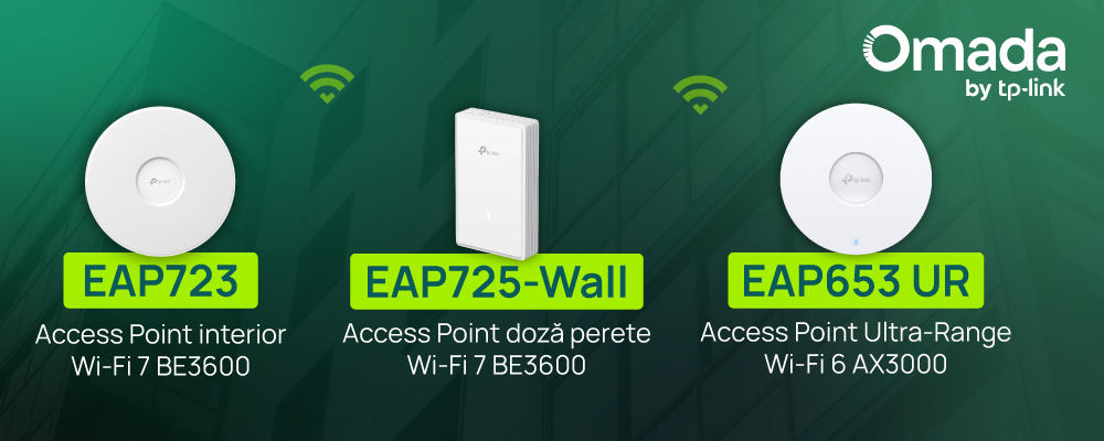 Fundal verde în ton cu brandingul, logo Omada by TP-Link în dreapta sus; imagini de produs cu cele trei Access Point-uri, înșirate unul lângă altul