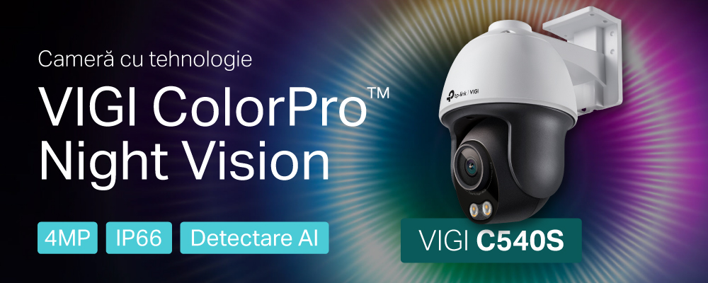 Camera VIGI C540S cu tehnologie ColorPro Night Vision, fundal cu spectrul de culori KV al tehnologiei, câteva KSP-uri în stânga jos, camera în dreapta.