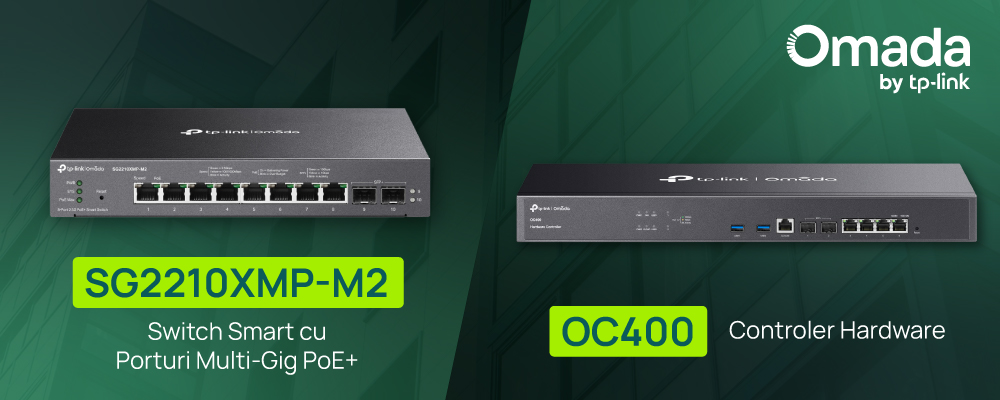 Fundal verde în ton cu brandingul, logo Omada by TP-Link în dreapta sus; imagini de produs cu Switch-ul SG2210XMP-M2 în jumătatea stângă și cu Controlerul Hardware OC400 în partea dreaptă.