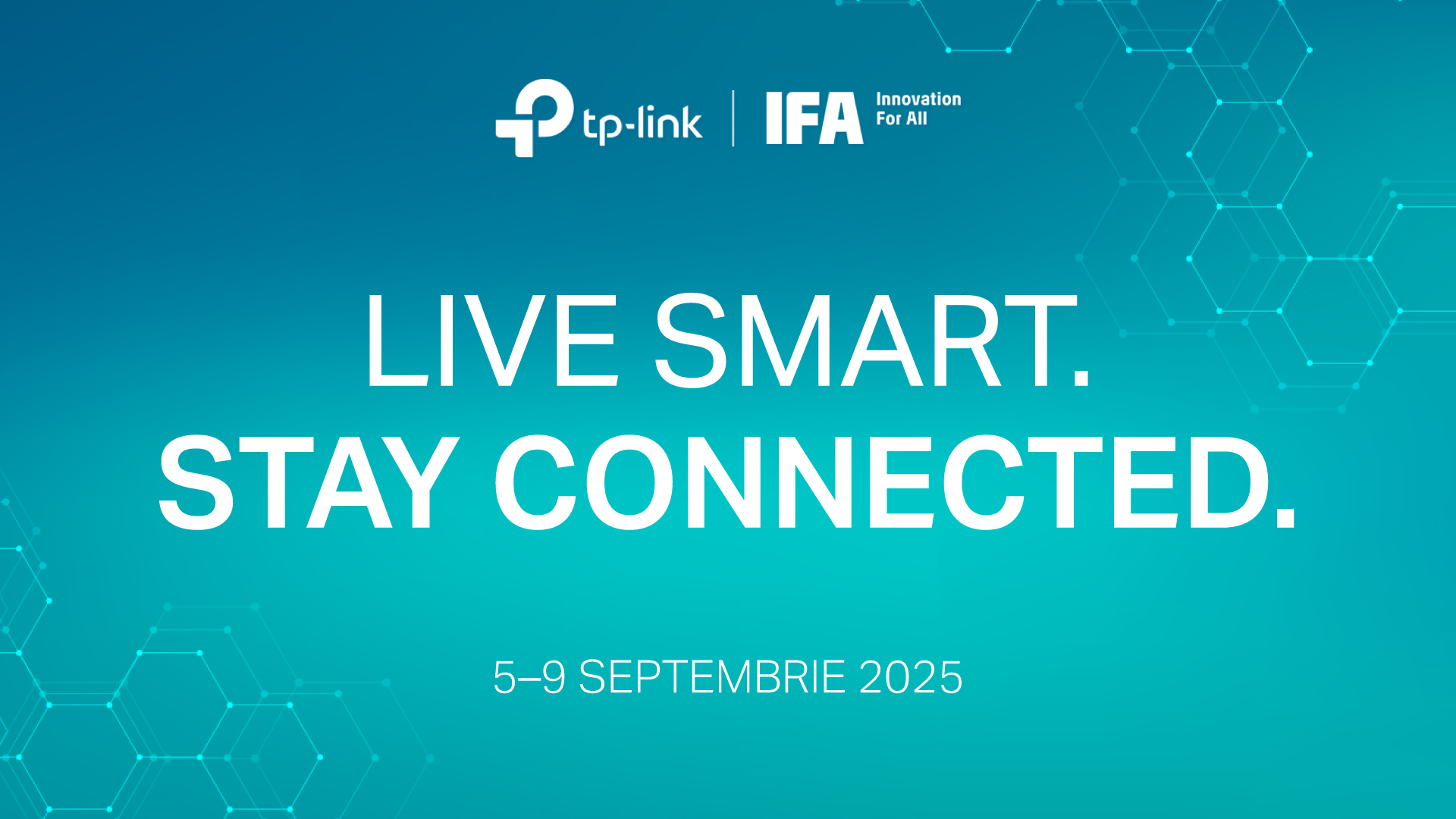 Textul pe un gradient albastru-teal, cu un model de fagure în extremități, cu logo-urile TP-Link și IFA în mijloc sus