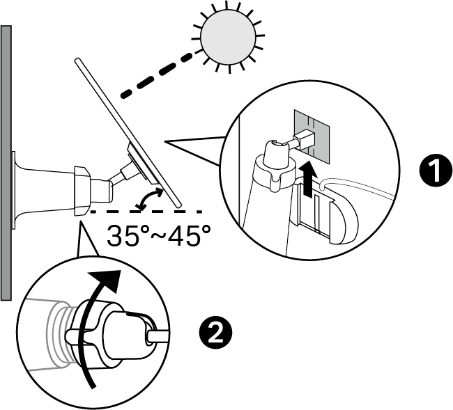 Displays how to attach the solar panel to its bracket and adjust angle.