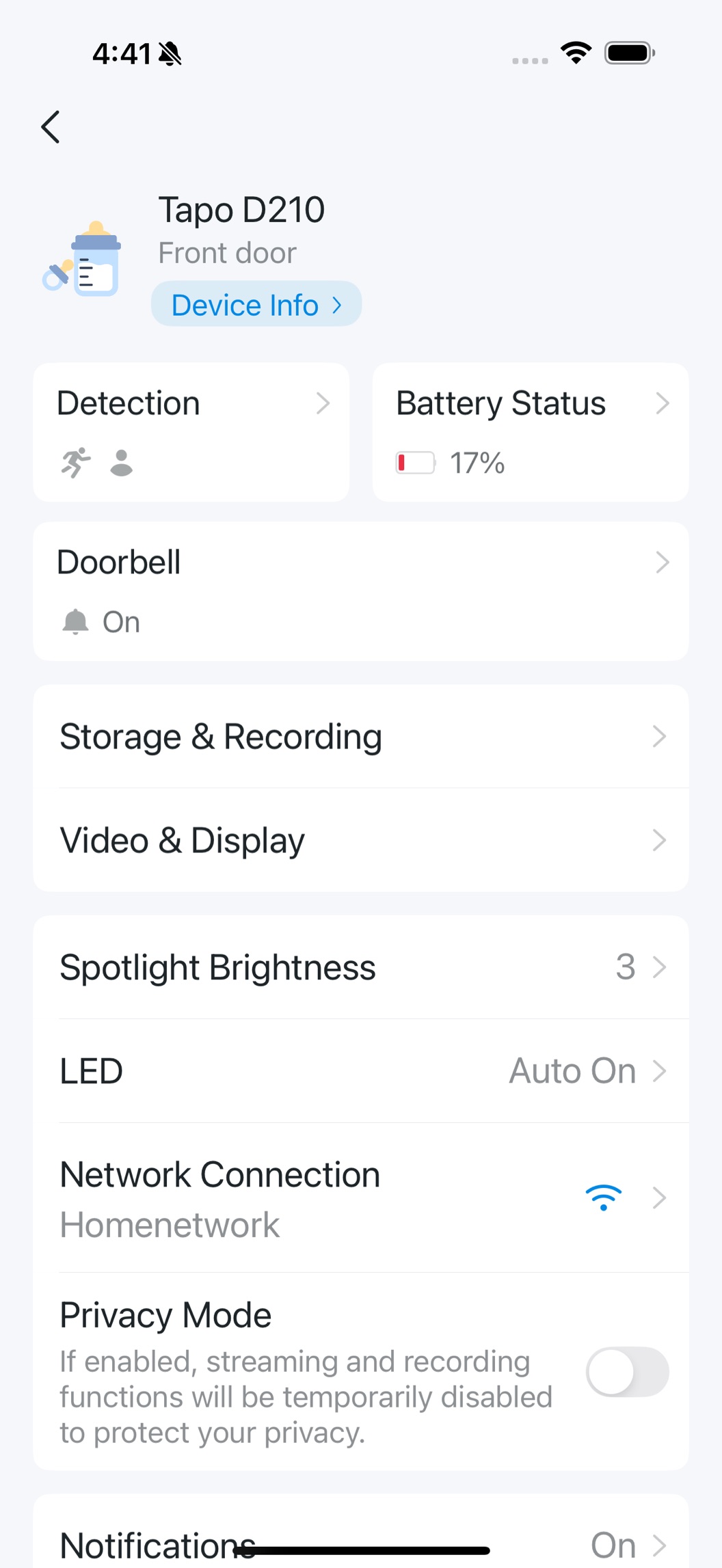 Settings page