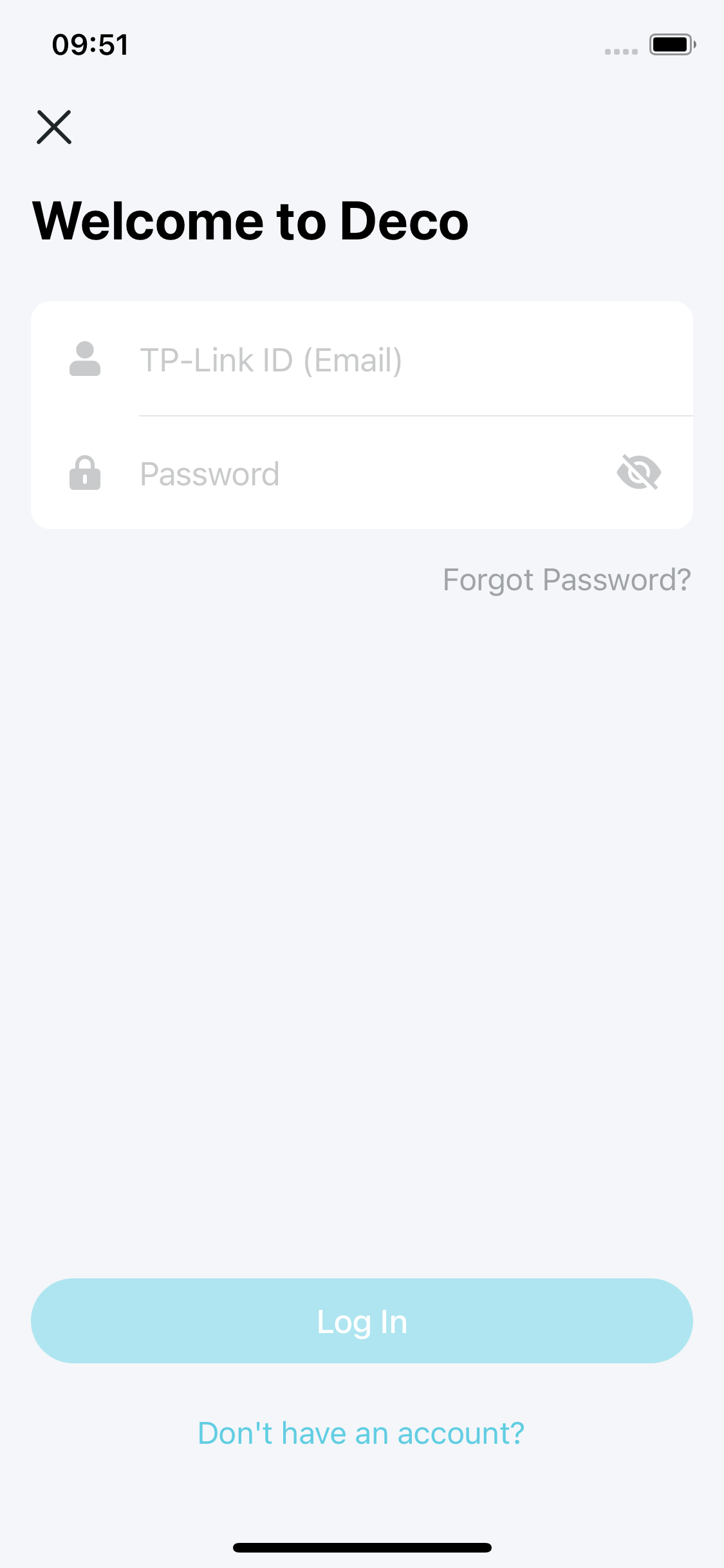Login page of the Deco app