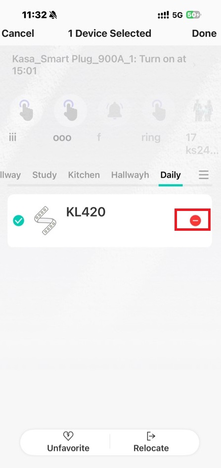 On the Devices page in the Kasa app, long-press the light strip card and then tap the - button to remove it.