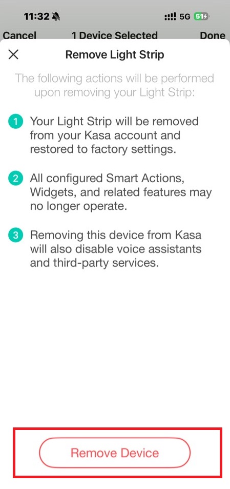 Tap the Remove Device button at the bottom to reset the light strip.