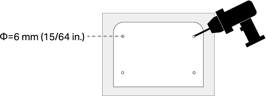 Displays drilling four screw holes according to the mounting template sticker