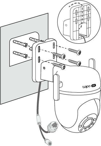 Displays routing the cable and installing the camera with anchors & screws