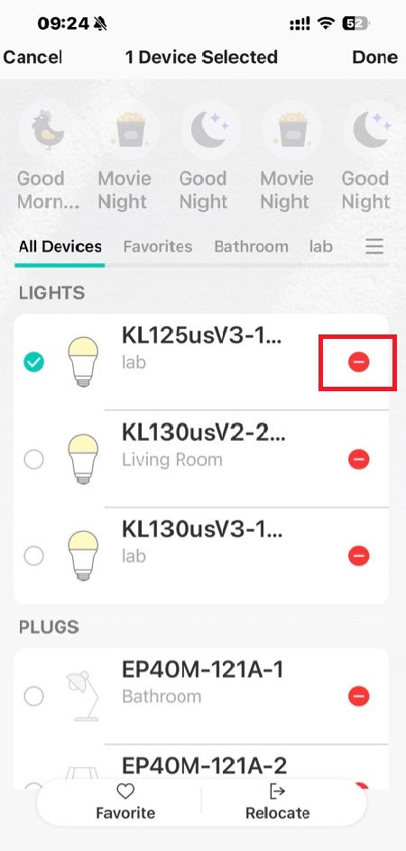 On the Devices page in the Kasa app, long-press the bulb card and then tap the - button to remove it.