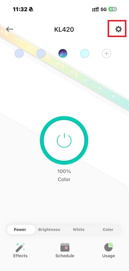 Tap the device card to enter the device status page and then tap the device settings icon.