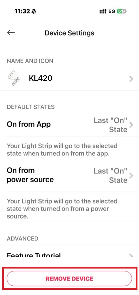 After entering the device settings page, tap the Remove Device button at the bottom to reset the light strip.