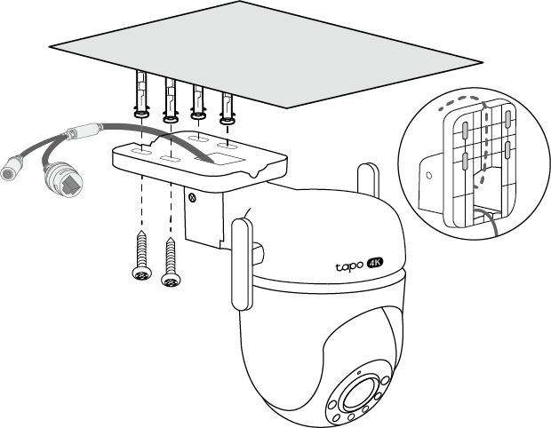 Displays routing the cable and installing the camera with anchors & screws