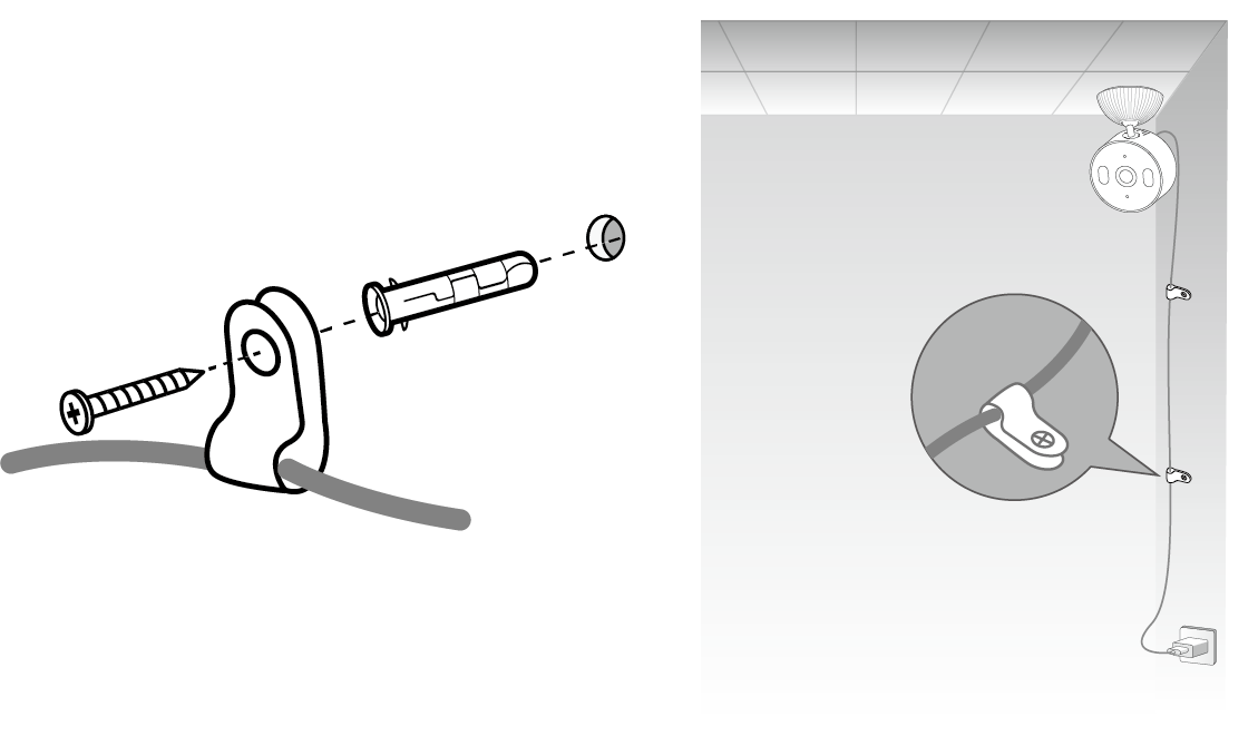 Displays organizing the cable with provided cable clips, anchors, and screws