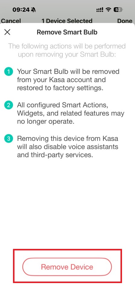 Tap the Remove Device button at the bottom to reset the bulb.