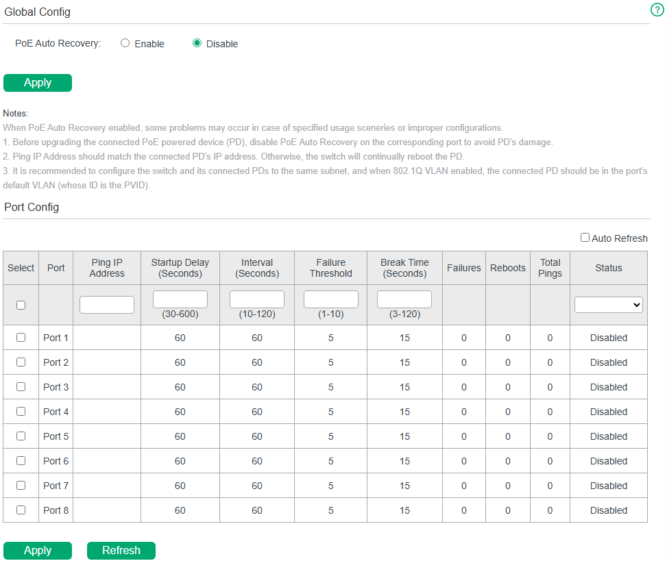 Configuring PoE Auto Recovery